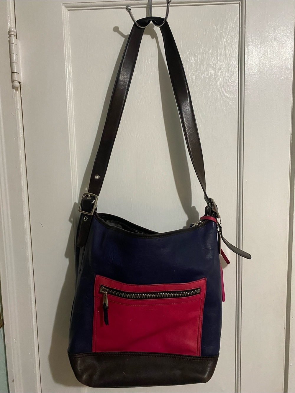 Coach Navy and Hot Pink Leather Shoulder Bag with Dark Brown Trim